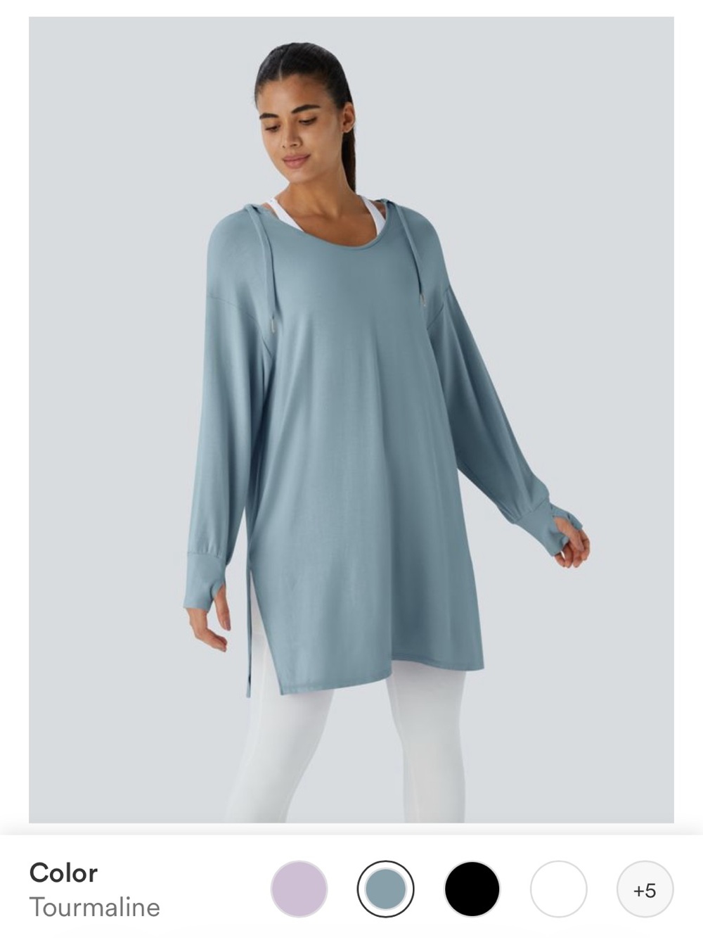 HALARA Long Sleeve Hooded Tunic Dress in Light Blue